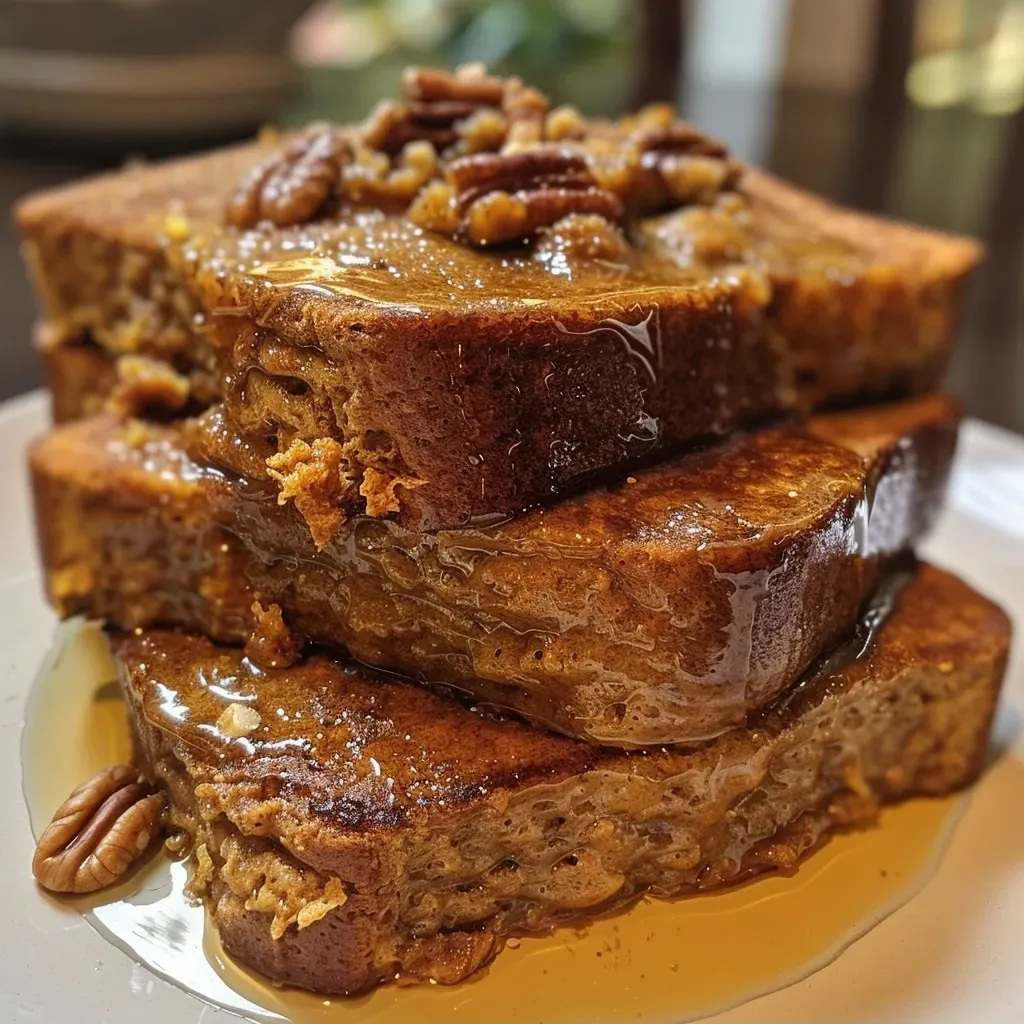['Close-up view of a slice of Protein Pumpkin French Toast Bake topped with chopped pecans.', 'Side angle shot of a warm Protein Pumpkin French Toast Bake, with a golden-brown crust and moist interior.', 'Detailed view of a serving of Protein Pumpkin French Toast Bake, showcasing its fluffy texture and pumpkin color.', 'Appetizing slice of Protein Pumpkin French Toast Bake, garnished with pecans and showing layers of bread and pumpkin puree.']