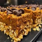 ['Close-up view of Protein Pumpkin Krispie Treats with a golden brown color and chocolate chips.', 'Side view of Protein Pumpkin Krispie Treats displaying a layered texture and vibrant orange hue.', 'Detailed shot of Protein Pumpkin Krispie Treats sprinkled with chocolate chips and showcasing a chewy consistency.', 'Close-up of Protein Pumpkin Krispie Treats highlighting the pumpkin and rice cereal combination.']