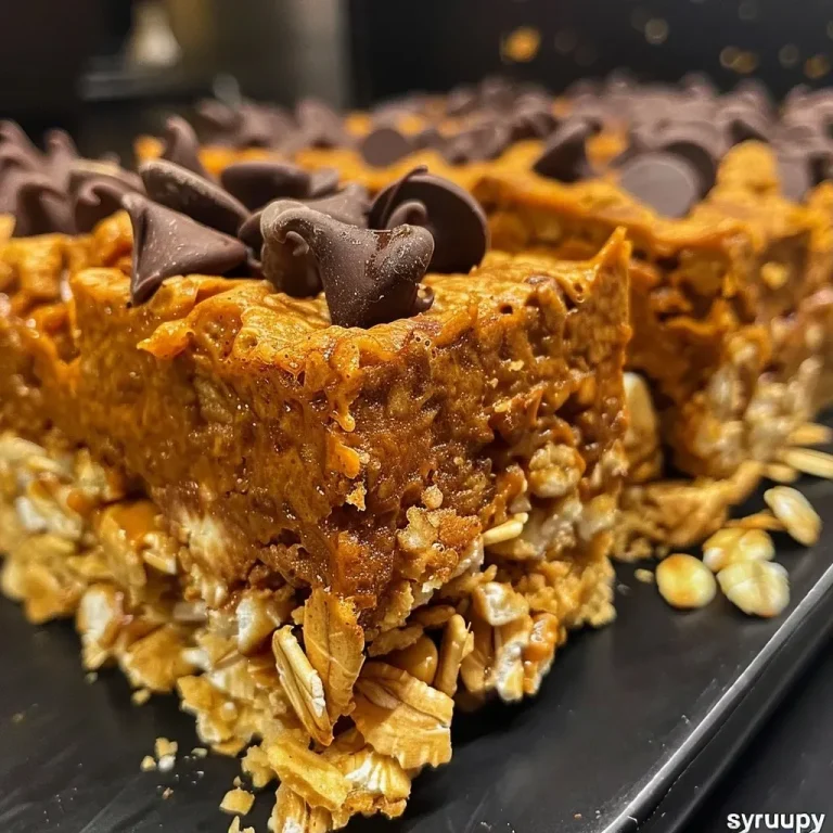 ['Close-up view of Protein Pumpkin Krispie Treats with a golden brown color and chocolate chips.', 'Side view of Protein Pumpkin Krispie Treats displaying a layered texture and vibrant orange hue.', 'Detailed shot of Protein Pumpkin Krispie Treats sprinkled with chocolate chips and showcasing a chewy consistency.', 'Close-up of Protein Pumpkin Krispie Treats highlighting the pumpkin and rice cereal combination.']
