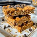['Close-up view of Protein Pumpkin Krispie Treats featuring a golden-brown texture and chocolate chips.', 'Side view of delicious Protein Pumpkin Krispie Treats with visible pumpkin and crispy rice textures.', 'Detailed shot of Protein Pumpkin Krispie Treats showcasing the ingredients and chocolate chips.', 'Close-up of chewy Protein Pumpkin Krispie Treats with a rich pumpkin color and crispy surface.']