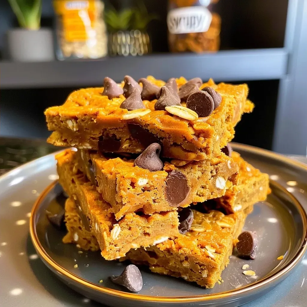 ['Close-up view of Protein Pumpkin Krispie Treats with a golden brown color and chocolate chips.', 'Side view of Protein Pumpkin Krispie Treats displaying a layered texture and vibrant orange hue.', 'Detailed shot of Protein Pumpkin Krispie Treats sprinkled with chocolate chips and showcasing a chewy consistency.', 'Close-up of Protein Pumpkin Krispie Treats highlighting the pumpkin and rice cereal combination.']