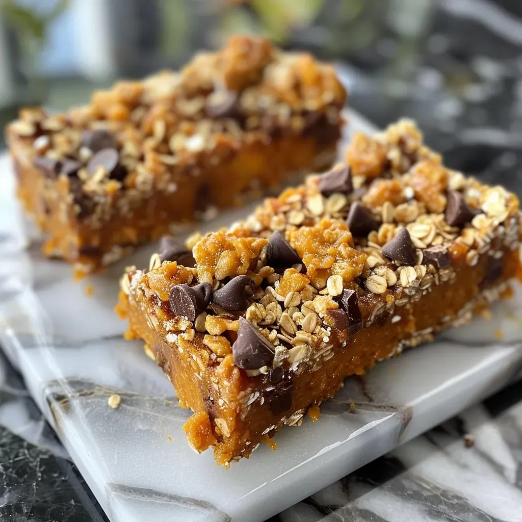Close-up view of Protein Pumpkin Krispie Treats featuring a golden-brown texture and chocolate chips.