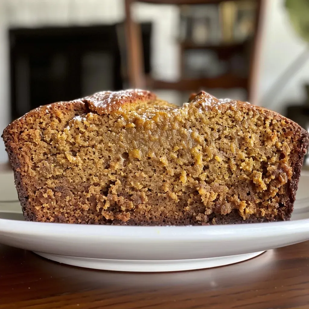 ['Close-up side view of golden-brown Pumpkin Banana Bread loaf with a moist texture.', 'A slice of Pumpkin Banana Bread highlighting its dense and fluffy interior, adorned with pumpkin seeds.', 'Freshly baked Pumpkin Banana Bread on a wooden cutting board, showcasing its vibrant color and texture.', 'Deliciously baked Pumpkin Banana Bread with visible banana pieces and a sprinkle of spices.']
