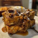 ['Close-up of a slice of Pumpkin Bread Pudding on a plate, showcasing its rich texture and warm color.', 'A side view of Pumpkin Bread Pudding with a golden brown crust, highlighting its moist interior.', 'Detailed image of a piece of Pumpkin Bread Pudding, emphasizing the pumpkin and spice elements.', 'Close-up shot of Pumpkin Bread Pudding served with a dollop of whipped cream, featuring a luscious appearance.']