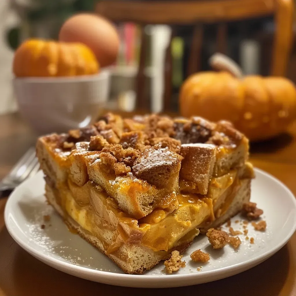 ['Close-up of a slice of Pumpkin Bread Pudding on a plate, showcasing its rich texture and warm color.', 'A side view of Pumpkin Bread Pudding with a golden brown crust, highlighting its moist interior.', 'Detailed image of a piece of Pumpkin Bread Pudding, emphasizing the pumpkin and spice elements.', 'Close-up shot of Pumpkin Bread Pudding served with a dollop of whipped cream, featuring a luscious appearance.']