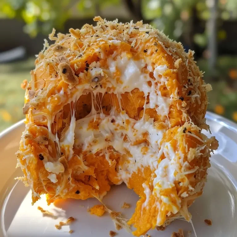 ['Close-up view of a pumpkin-shaped cheese ball adorned with chopped bell pepper.', 'Side view of a vibrant orange pumpkin cheese ball decorated with cheese and spices.', 'Detailed close-up of a cream cheese and cheddar pumpkin ball on a wooden platter.', 'Juicy pumpkin cheese ball surrounded by fresh herbs and colorful veggies.']