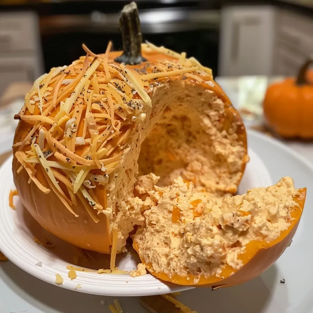 ['Close-up view of a pumpkin-shaped cheese ball adorned with chopped bell pepper.', 'Side view of a vibrant orange pumpkin cheese ball decorated with cheese and spices.', 'Detailed close-up of a cream cheese and cheddar pumpkin ball on a wooden platter.', 'Juicy pumpkin cheese ball surrounded by fresh herbs and colorful veggies.']