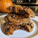 ['Close-up side view of a freshly baked Pumpkin Chocolate Chip Cookie, showcasing its soft texture and melted chocolate chips.', 'An enticing close-up shot of Pumpkin Chocolate Chip Cookies, highlighting their golden-brown color and gooey chocolate.', 'A detailed side view of a warm Pumpkin Chocolate Chip Cookie, with visible chocolate chips and a fluffy texture.', 'Close-up angle of a Pumpkin Chocolate Chip Cookie, emphasizing its rich color and enticing aroma of spices.']