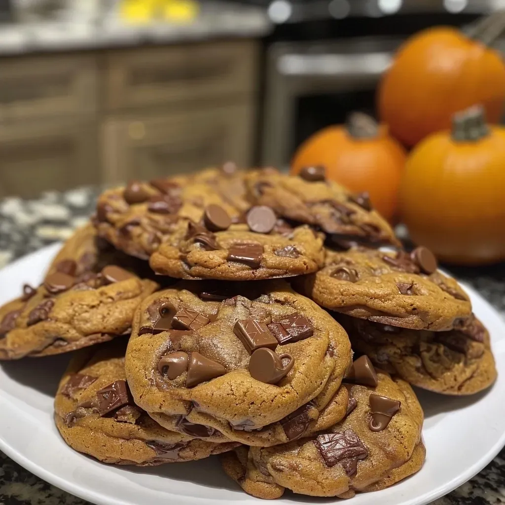 ['Close-up side view of a freshly baked Pumpkin Chocolate Chip Cookie, showcasing its soft texture and melted chocolate chips.', 'An enticing close-up shot of Pumpkin Chocolate Chip Cookies, highlighting their golden-brown color and gooey chocolate.', 'A detailed side view of a warm Pumpkin Chocolate Chip Cookie, with visible chocolate chips and a fluffy texture.', 'Close-up angle of a Pumpkin Chocolate Chip Cookie, emphasizing its rich color and enticing aroma of spices.']