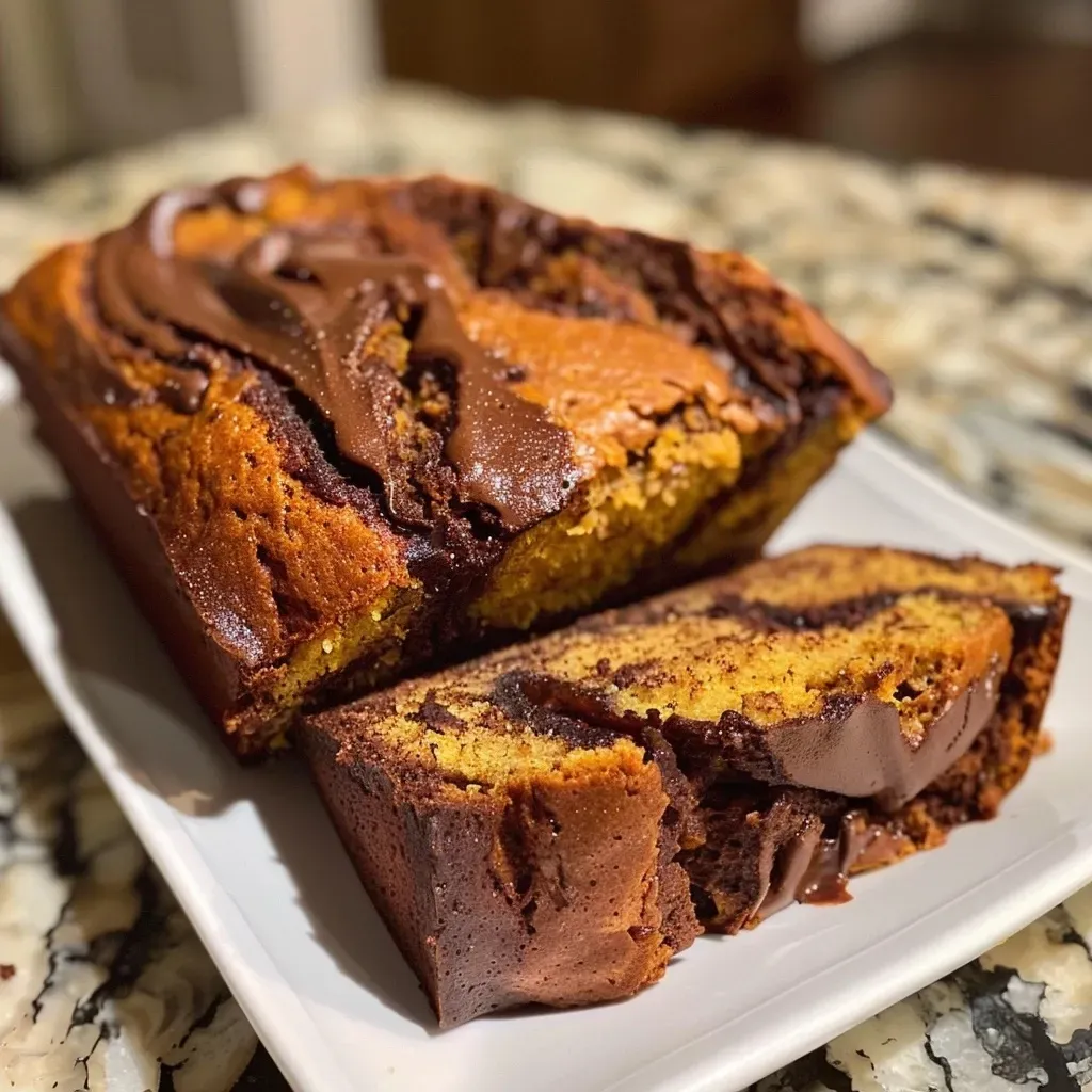 ['A side view of a moist Pumpkin Chocolate Swirl Bread loaf with visible chocolate swirls and pumpkin color.', 'Close-up view of Pumpkin Chocolate Swirl Bread showcasing texture and colors, highlighting its chocolate and pumpkin swirls.', 'A detailed side shot of Pumpkin Chocolate Swirl Bread, emphasizing its rich blend of dark chocolate and golden pumpkin.', 'An appetizing side perspective of Pumpkin Chocolate Swirl Bread, featuring a shiny crust and distinct color contrast.']