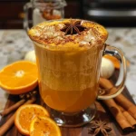 ['Close-up of a glass of pumpkin cider with orange slices and cinnamon sticks.', 'Side view of pumpkin cider garnished with whipped cream and caramel drizzle.', 'Refreshing pumpkin cider in a clear glass, showcasing spices and pumpkin purée.', 'Vibrant pumpkin cider with cinnamon sticks, cloves, and orange slices on display.']