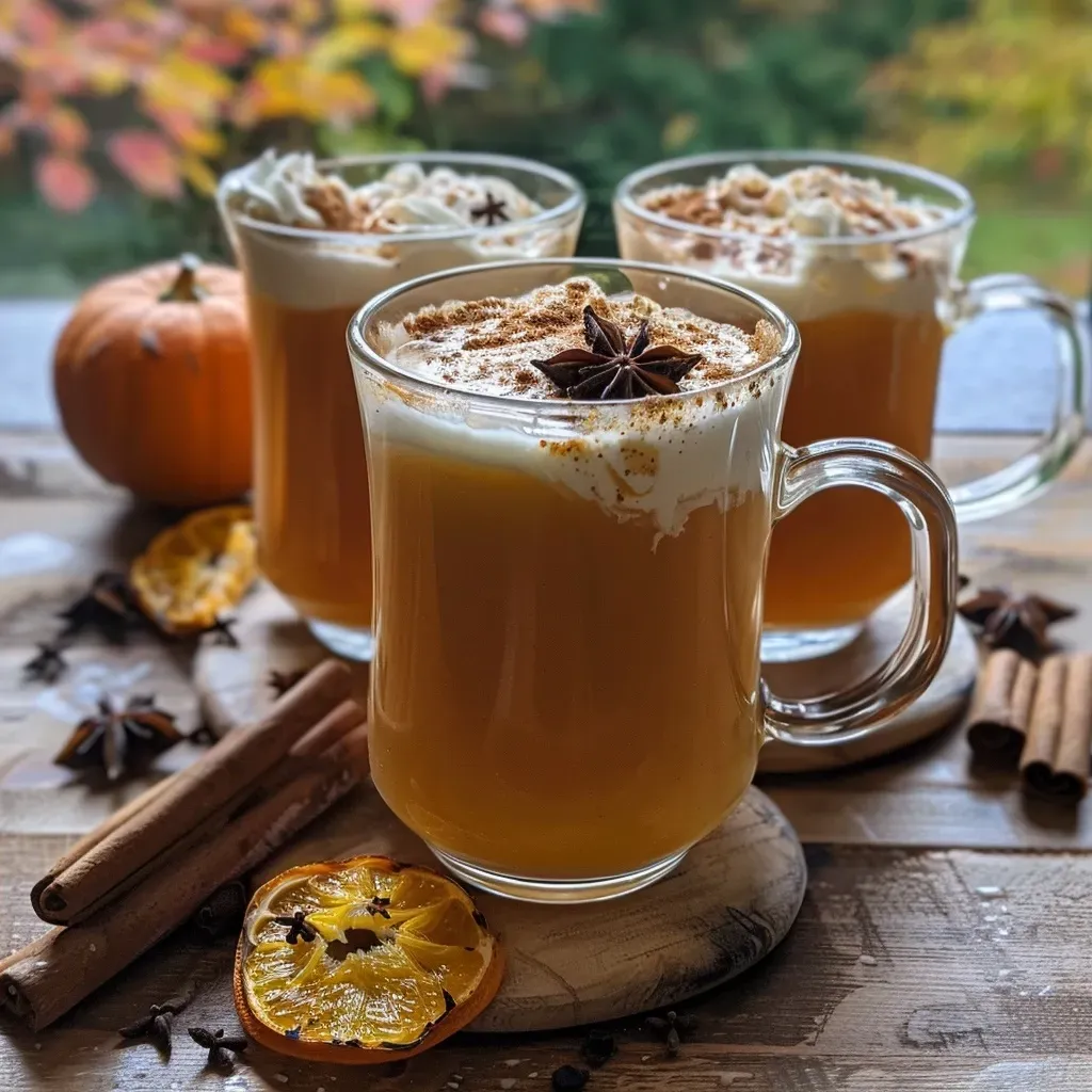 ['Close-up of a glass of pumpkin cider with orange slices and cinnamon sticks.', 'Side view of pumpkin cider garnished with whipped cream and caramel drizzle.', 'Refreshing pumpkin cider in a clear glass, showcasing spices and pumpkin purée.', 'Vibrant pumpkin cider with cinnamon sticks, cloves, and orange slices on display.']