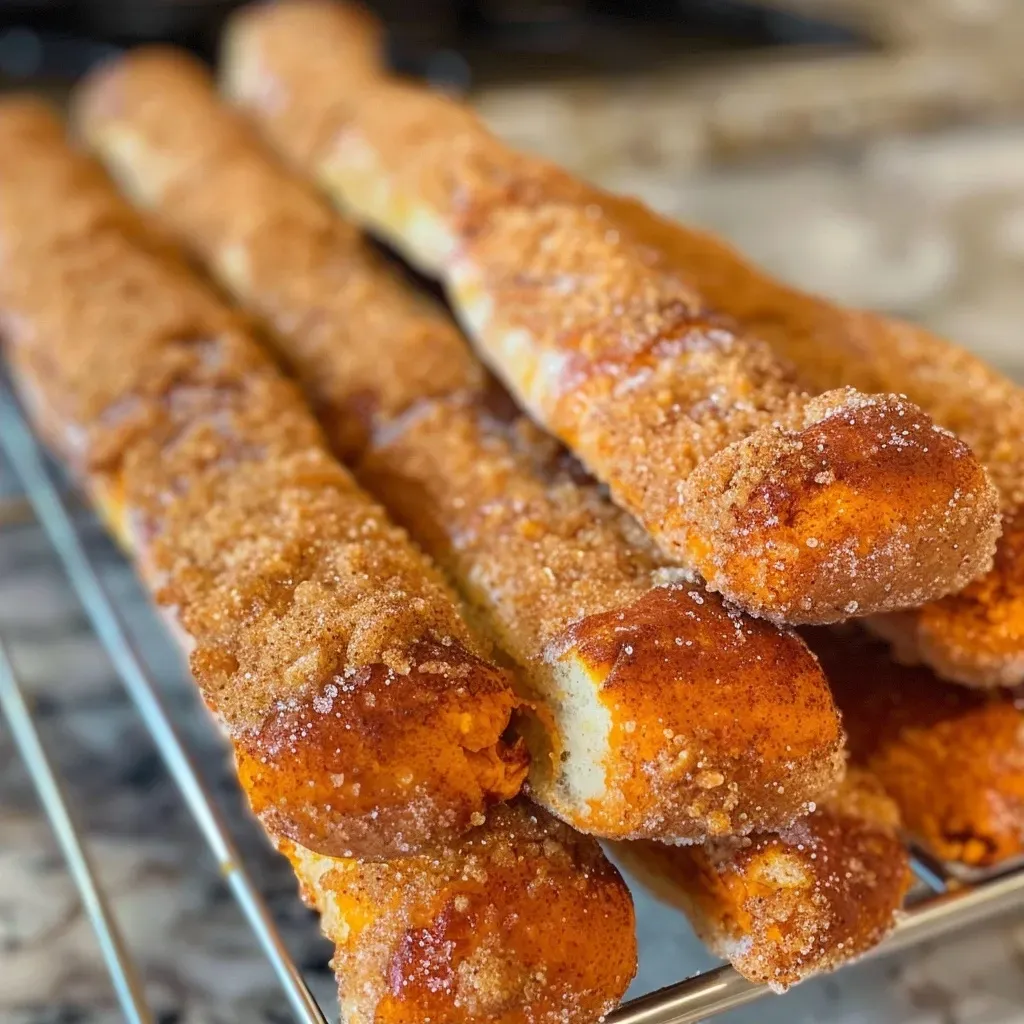 ['Close-up view of Pumpkin Cinnasticks, highlighting their golden-brown exterior.', 'Side view of freshly baked Pumpkin Cinnasticks with a shiny glaze.', 'Appetizing Pumpkin Cinnasticks with a dusting of cinnamon, presented on a plate.', 'Close-up of a single Pumpkin Cinnastick, showcasing its soft texture and pumpkin color.']