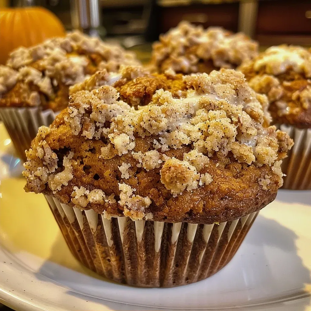 ['Close-up of a pumpkin coffee cake muffin with a rich golden-brown hue, showing the streusel topping.', 'Side view of a warm pumpkin coffee cake muffin, highlighting its moist texture and nutty walnut pieces.', 'Delicious pumpkin coffee cake muffin with a crumbly topping, displayed on a wooden table.', 'A fluffy pumpkin coffee cake muffin cut in half, revealing its moist interior and spices.']