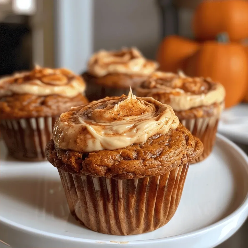['Close-up view of a pumpkin cream cheese muffin with a swirl of cream cheese filling.', 'Side view of a delicious pumpkin cream cheese muffin with a golden-brown top and visible cream cheese filling.', 'Juicy pumpkin cream cheese muffin showcased with a moist texture and rich color.', 'Detailed close-up of a pumpkin muffin, highlighting the creamy cheese center and crunchy top.']