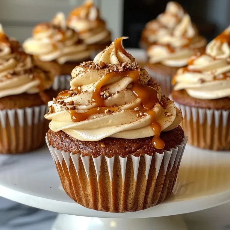 ['Close-up view of moist pumpkin cupcakes topped with caramel cream cheese frosting.', 'Side angle of delicious pumpkin cupcakes with a glossy caramel frosting.', 'A delectable pumpkin cupcake with rich caramel cream cheese icing.', 'Pumpkin cupcakes displaying creamy caramel frosting and warm autumn colors.']