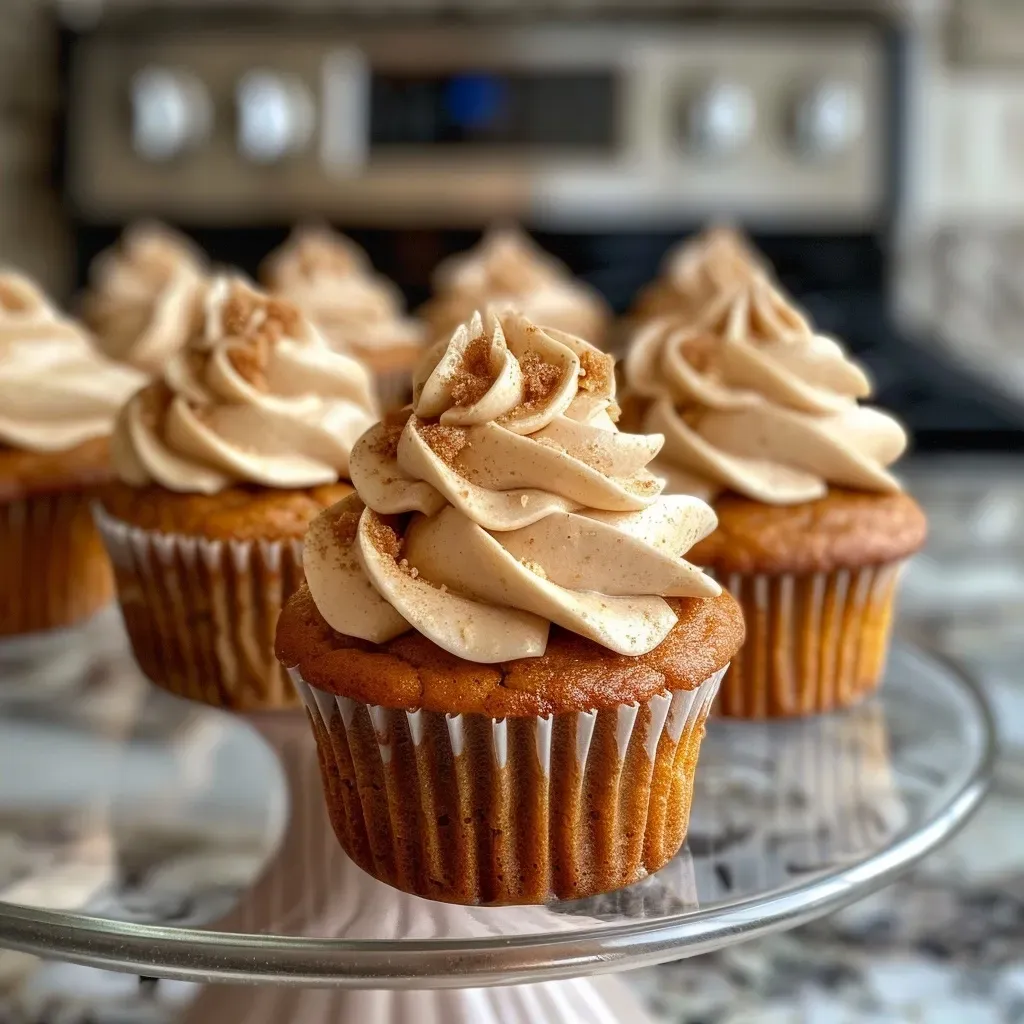 ['Close-up view of moist pumpkin cupcakes topped with caramel cream cheese frosting.', 'Side angle of delicious pumpkin cupcakes with a glossy caramel frosting.', 'A delectable pumpkin cupcake with rich caramel cream cheese icing.', 'Pumpkin cupcakes displaying creamy caramel frosting and warm autumn colors.']