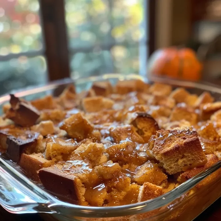 ['A close-up side view of a pumpkin French toast casserole showcasing the golden-brown top and creamy texture.', 'A delicious slice of pumpkin French toast casserole with a rich, custard-like filling and crispy edges.', 'A side view of a homemade pumpkin French toast casserole, highlighting its fluffy layers and spiced topping.', 'A detailed shot of pumpkin French toast casserole, featuring chunks of French bread and a thick pumpkin blend.']