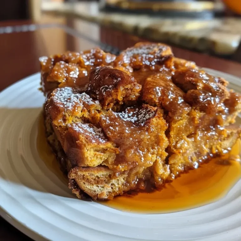 ['A close-up side view of a Pumpkin French Toast Casserole, showing a golden-brown, fluffy texture topped with spices.', 'A slice of Pumpkin French Toast Casserole revealing layers of bread and pumpkin filling, drizzled with syrup.', 'A vibrant image of Pumpkin French Toast Casserole, with a rich, custardy interior and a sprinkle of cinnamon on top.', 'A delectable close-up of a Pumpkin French Toast Casserole slice, highlighting its moist interior and warm spices.']