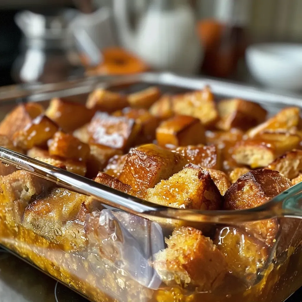 ['A close-up side view of a pumpkin French toast casserole showcasing the golden-brown top and creamy texture.', 'A delicious slice of pumpkin French toast casserole with a rich, custard-like filling and crispy edges.', 'A side view of a homemade pumpkin French toast casserole, highlighting its fluffy layers and spiced topping.', 'A detailed shot of pumpkin French toast casserole, featuring chunks of French bread and a thick pumpkin blend.']