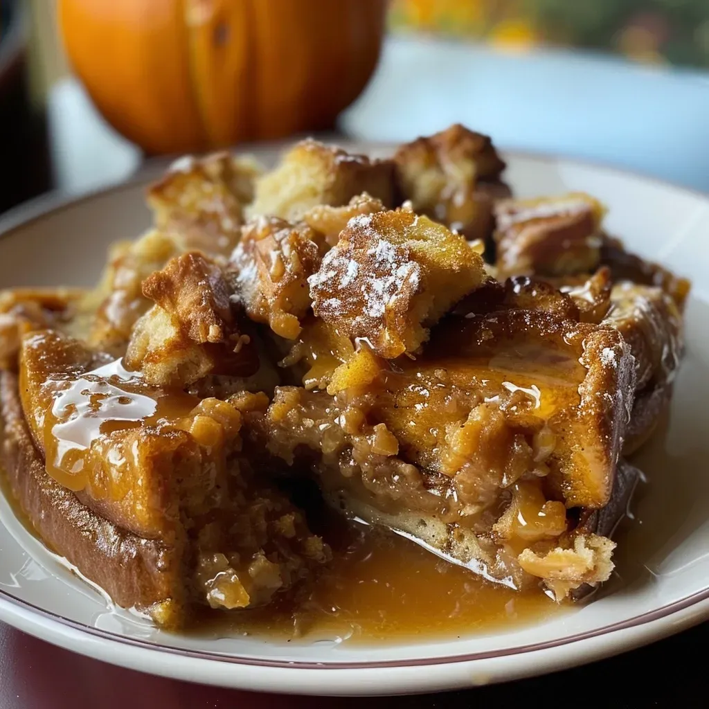 ['A close-up side view of a Pumpkin French Toast Casserole, showing a golden-brown, fluffy texture topped with spices.', 'A slice of Pumpkin French Toast Casserole revealing layers of bread and pumpkin filling, drizzled with syrup.', 'A vibrant image of Pumpkin French Toast Casserole, with a rich, custardy interior and a sprinkle of cinnamon on top.', 'A delectable close-up of a Pumpkin French Toast Casserole slice, highlighting its moist interior and warm spices.']
