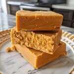 ['Close-up view of a creamy, orange-hued pumpkin fudge, displaying a rich texture.', 'Side angle of pumpkin fudge pieces, with visible white chocolate chips and a smooth surface.', 'Thick, glossy pumpkin fudge showcasing a blend of pumpkin and spices, arranged on a plate.', 'A slice of pumpkin fudge highlighted with subtle swirls of orange and white, emphasizing its rich flavor.']