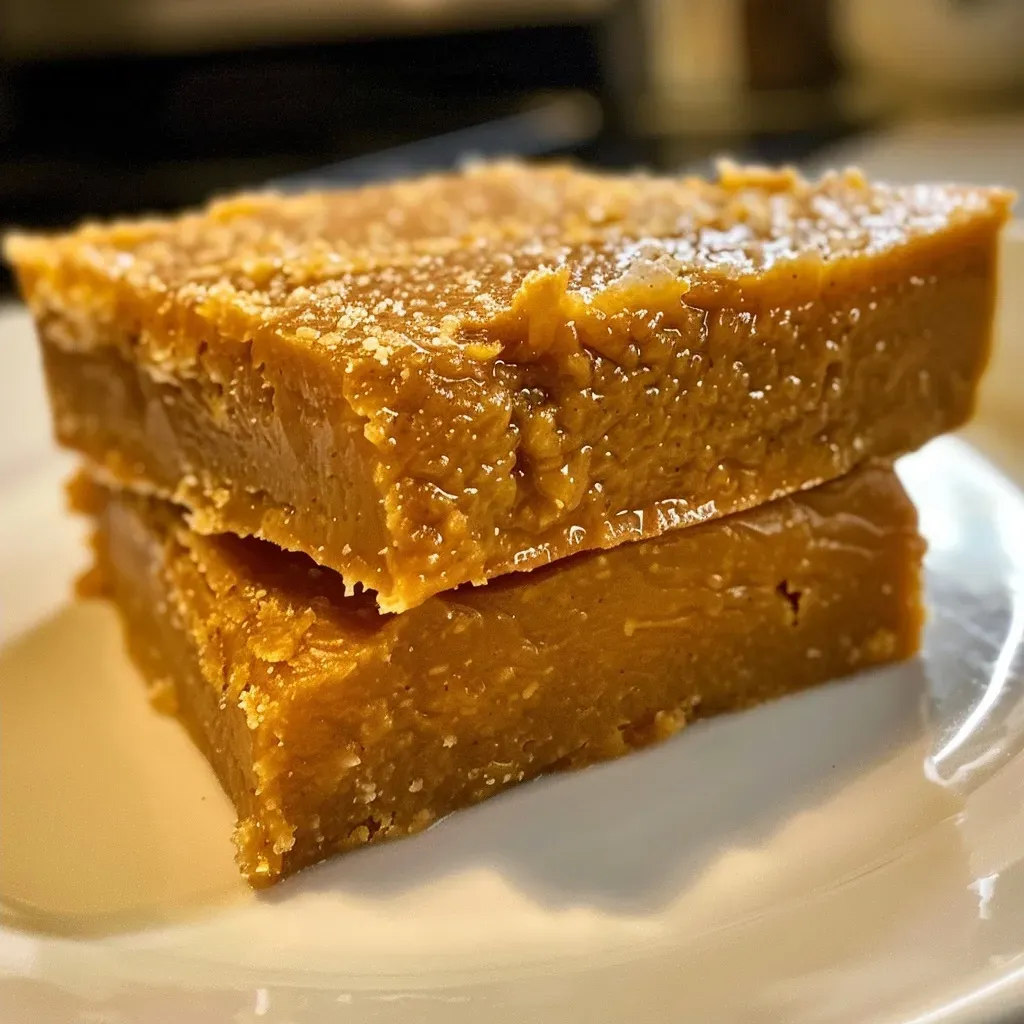 ['Close-up of creamy pumpkin fudge with a smooth texture and rich color.', 'Side view of delicious pumpkin fudge highlighting its velvety consistency.', 'Mouthwatering pumpkin fudge displayed on a rustic surface, showcasing its vibrant orange hue.', 'A slice of pumpkin fudge, revealing a glossy top and a rich, inviting appearance.']