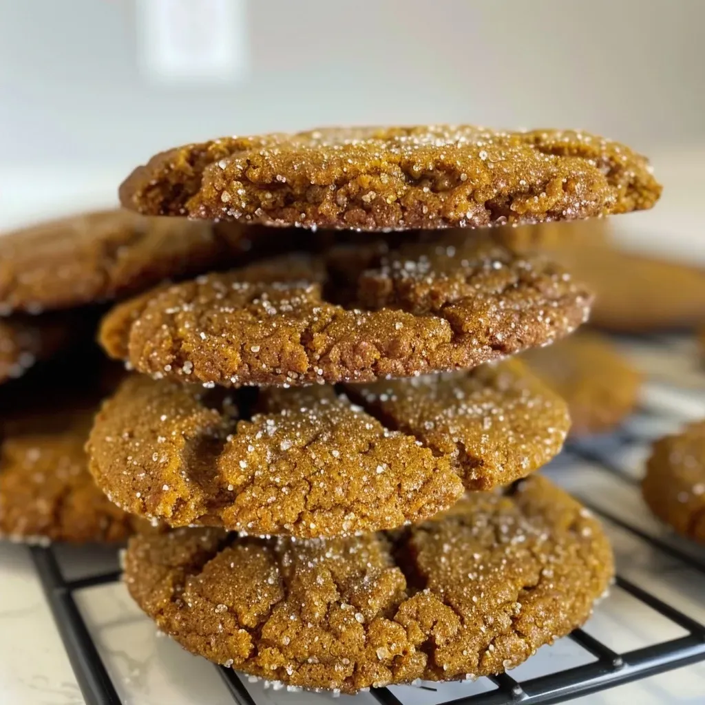 ['A close-up side view of freshly baked Pumpkin Ginger Molasses Cookies, showing their golden-brown color and textured surface.', 'A detailed shot of Pumpkin Ginger Molasses Cookies with a crispy exterior and soft center, highlighting their chewy texture.', 'A mouthwatering image of Pumpkin Ginger Molasses Cookies, showcasing their rich brown color and specks of spices.', 'A side perspective of delectable Pumpkin Ginger Molasses Cookies, emphasizing their inviting appearance and homemade quality.']