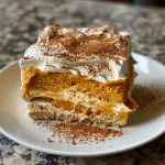 ['Close-up side view of a Pumpkin Icebox Cake garnished with gingersnaps.', 'A delicious Pumpkin Icebox Cake layered with gingersnaps, shown from the side.', 'Side view of a creamy Pumpkin Icebox Cake featuring crumbled gingersnap cookies.', 'Detailed shot of a Pumpkin Icebox Cake with gingersnap layers, highlighting its texture.']