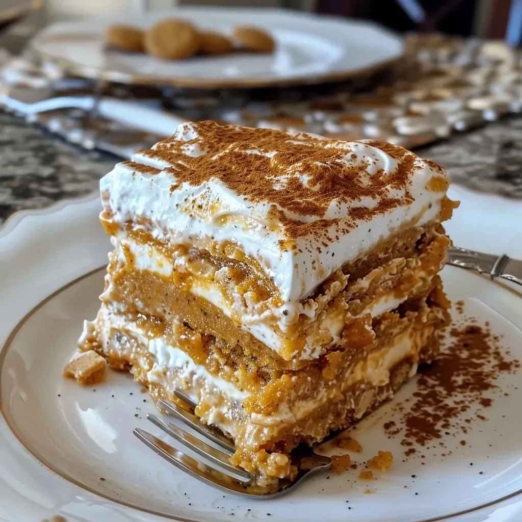 ['Close-up side view of a Pumpkin Icebox Cake garnished with gingersnaps.', 'A delicious Pumpkin Icebox Cake layered with gingersnaps, shown from the side.', 'Side view of a creamy Pumpkin Icebox Cake featuring crumbled gingersnap cookies.', 'Detailed shot of a Pumpkin Icebox Cake with gingersnap layers, highlighting its texture.']