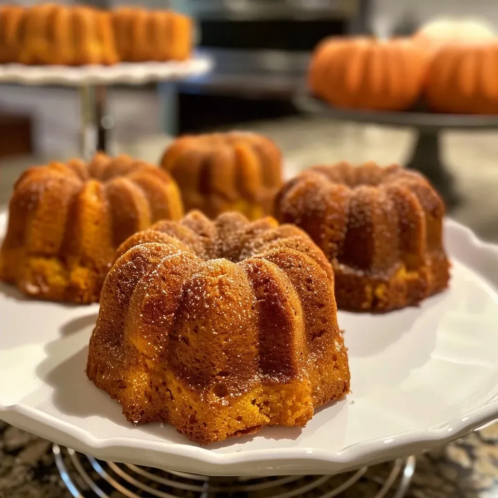 ['Close-up side view of moist Pumpkin Mini Bundt Cakes with a golden-brown exterior.', 'Side view of delicious Pumpkin Mini Bundt Cakes decorated with cream cheese icing and sprinkled with pumpkin pie spice.', 'Juicy Pumpkin Mini Bundt Cakes displayed on a white plate, highlighting their intricate bundt shape.', 'An iPhone 15 Pro photo capturing the texture and details of freshly baked Pumpkin Mini Bundt Cakes.']