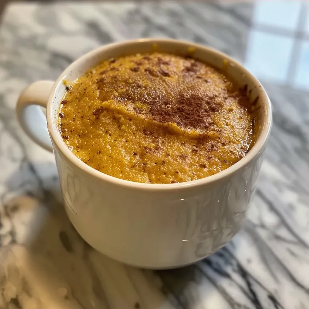 ['A close-up side view of a pumpkin mug cake topped with a sprinkle of pumpkin spice.', 'A juicy pumpkin mug cake in a white mug, showcasing its moist texture.', 'Detailed side view of a pumpkin mug cake with a vibrant orange color and creamy surface.', 'An iPhone 15 Pro captured image of a pumpkin mug cake, highlighting its fluffy consistency.']