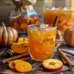 ['Close-up view of a glass filled with Pumpkin Patch Punch, garnished with apple slices and cinnamon sticks.', 'Side view of a refreshing drink showcasing Pumpkin Patch Punch, featuring ice cubes and decorative ingredients.', 'Detailed shot of a vibrant Pumpkin Patch Punch served in a clear glass, highlighting its rich color and garnishes.', 'Close-up of a seasonal beverage, Pumpkin Patch Punch, with a mix of spices and fruit, presented in an elegant glass.']