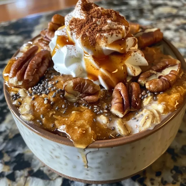 ['Close-up view of creamy Pumpkin Pie Overnight Oats topped with chopped pecans and whipped cream.', 'Side angle of a jar filled with Pumpkin Pie Overnight Oats, showcasing pumpkin puree and granola toppings.', 'Delicious Pumpkin Pie Overnight Oats in a glass container, garnished with yogurt and spices.', 'A vibrant bowl of Pumpkin Pie Overnight Oats, layered with pecans and drizzled with maple syrup.']