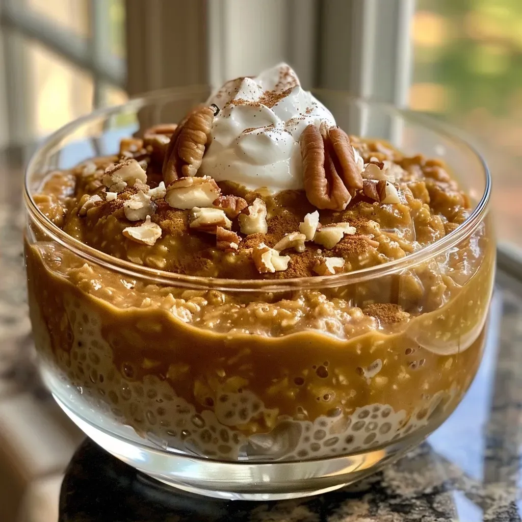 ['Close-up view of creamy Pumpkin Pie Overnight Oats topped with chopped pecans and whipped cream.', 'Side angle of a jar filled with Pumpkin Pie Overnight Oats, showcasing pumpkin puree and granola toppings.', 'Delicious Pumpkin Pie Overnight Oats in a glass container, garnished with yogurt and spices.', 'A vibrant bowl of Pumpkin Pie Overnight Oats, layered with pecans and drizzled with maple syrup.']