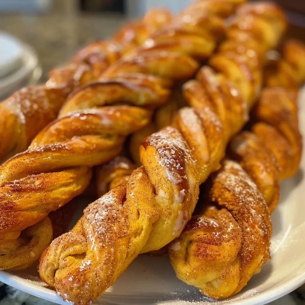 ['Close-up view of Pumpkin Pie Spice Cinnamon Twists on a plate.', 'Side view of golden-brown cinnamon twists drizzled with frosting.', 'Juicy Pumpkin Pie Spice Cinnamon Twists displayed beautifully.', 'Deliciously twisted bread dough with pumpkin spice flavor.']
