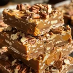 ['A close-up view of creamy Pumpkin Praline Fudge with a smooth texture and caramel drizzling.', 'Side shot of Pumpkin Praline Fudge showcasing its rich layers and sprinkled Heath Toffee Bits.', 'Juicy Pumpkin Praline Fudge displayed on a rustic surface with visible chocolate and caramel elements.', 'Close-up image featuring thick, decadent Pumpkin Praline Fudge topped with pecans.']