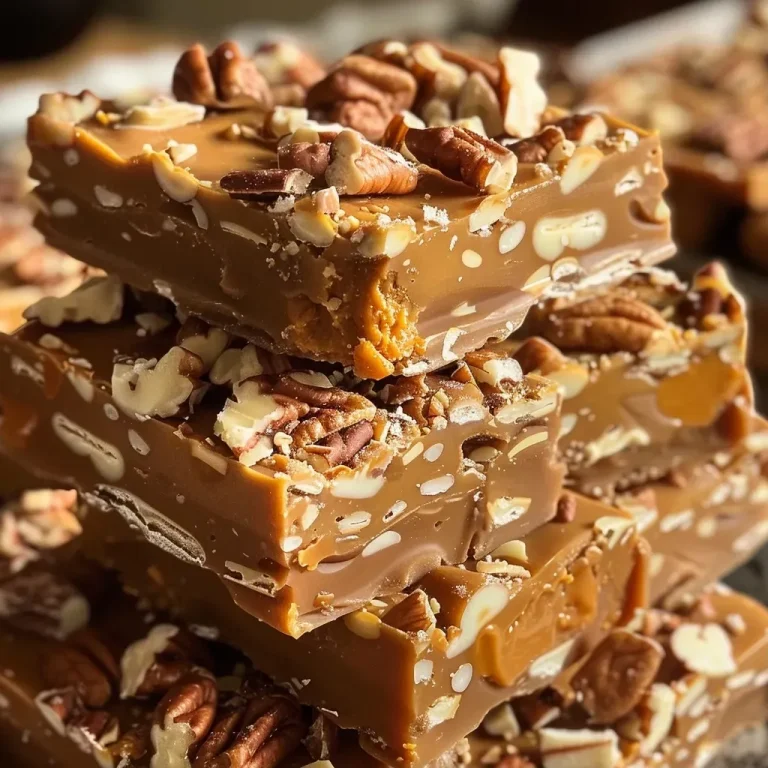 ['A close-up view of creamy Pumpkin Praline Fudge with a smooth texture and caramel drizzling.', 'Side shot of Pumpkin Praline Fudge showcasing its rich layers and sprinkled Heath Toffee Bits.', 'Juicy Pumpkin Praline Fudge displayed on a rustic surface with visible chocolate and caramel elements.', 'Close-up image featuring thick, decadent Pumpkin Praline Fudge topped with pecans.']