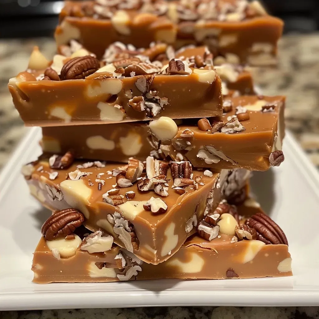 ['A close-up view of creamy Pumpkin Praline Fudge with a smooth texture and caramel drizzling.', 'Side shot of Pumpkin Praline Fudge showcasing its rich layers and sprinkled Heath Toffee Bits.', 'Juicy Pumpkin Praline Fudge displayed on a rustic surface with visible chocolate and caramel elements.', 'Close-up image featuring thick, decadent Pumpkin Praline Fudge topped with pecans.']