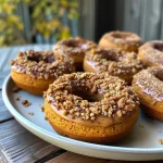['Close-up of a pumpkin protein donut, showing a moist texture and rich pumpkin color.', 'Side view of a delicious pumpkin protein donut, highlighting its fluffy interior and topping.', 'Glazed pumpkin protein donuts arranged attractively on a plate, featuring a golden-brown crust.', 'Close-up capture of freshly baked pumpkin protein donuts with a sprinkle of cinnamon on top.']