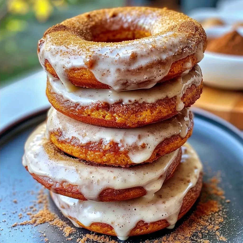 ['Close-up of a pumpkin protein donut, showing a moist texture and rich pumpkin color.', 'Side view of a delicious pumpkin protein donut, highlighting its fluffy interior and topping.', 'Glazed pumpkin protein donuts arranged attractively on a plate, featuring a golden-brown crust.', 'Close-up capture of freshly baked pumpkin protein donuts with a sprinkle of cinnamon on top.']