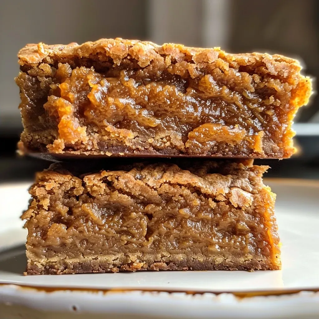['Close-up view of a tray of golden-brown pumpkin spice blondies.', 'Side view of moist pumpkin spice blondies with a soft texture.', 'Mouth-watering pumpkin spice blondies displayed on a rustic wooden table.', 'A delicious serving of pumpkin spice blondies with warm spices visible.']