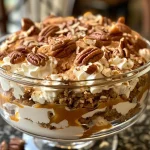 ['Close-up view of a Pumpkin Spice Cheesecake Trifle, showcasing layers of cheesecake and caramel.', 'Side view of a Pumpkin Spice Cheesecake Trifle with creamy layers and garnishes visible.', 'Close-up image of a trifle glass filled with pumpkin cheesecake, whipped cream, and caramel drizzle.', 'Side view of a delicious Pumpkin Spice Cheesecake Trifle, highlighting the texture and ingredients.']
