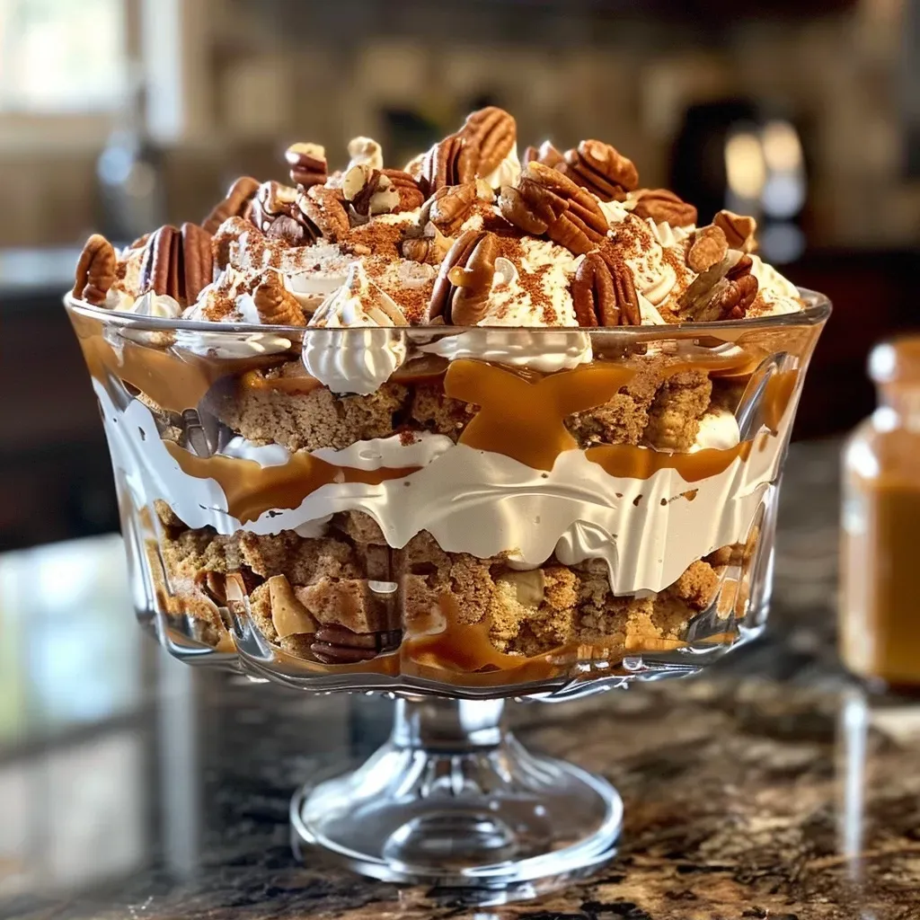 ['Close-up view of a Pumpkin Spice Cheesecake Trifle, showcasing layers of cheesecake and caramel.', 'Side view of a Pumpkin Spice Cheesecake Trifle with creamy layers and garnishes visible.', 'Close-up image of a trifle glass filled with pumpkin cheesecake, whipped cream, and caramel drizzle.', 'Side view of a delicious Pumpkin Spice Cheesecake Trifle, highlighting the texture and ingredients.']