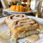 ['Close-up of freshly baked Pumpkin Spice Cinnamon Rolls topped with creamy frosting.', 'Side view of fluffy Pumpkin Spice Cinnamon Rolls drizzled with icing on a wooden surface.', 'Juicy Pumpkin Spice Cinnamon Rolls with a gooey glaze and a sprinkle of pumpkin pie spice.', 'Deliciously soft Pumpkin Spice Cinnamon Rolls arranged neatly on a plate, showcasing their layers.']