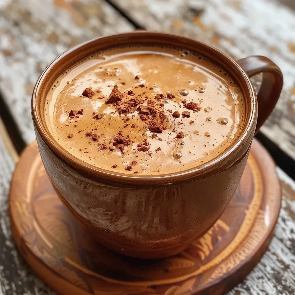['Close-up of a warm Pumpkin Spice Hot Chocolate in a rustic mug.', 'Creamy Pumpkin Spice Hot Chocolate topped with chocolate chips and a sprinkle of cinnamon.', 'Delicious Pumpkin Spice Hot Chocolate with pumpkin puree and almond butter ingredients visible.', 'Side view of a frothy Pumpkin Spice Hot Chocolate with a cozy fall ambiance.']