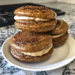 ['Close-up of Pumpkin Spice Latte Whoopie Pies with creamy filling.', 'Side view of two stacked Pumpkin Spice Latte Whoopie Pies on a plate.', 'Pumpkin Spice Latte Whoopie Pies showcasing a rich filling and soft cookies.', 'Juicy Pumpkin Spice Latte Whoopie Pies with a sprinkle of spices on top.']