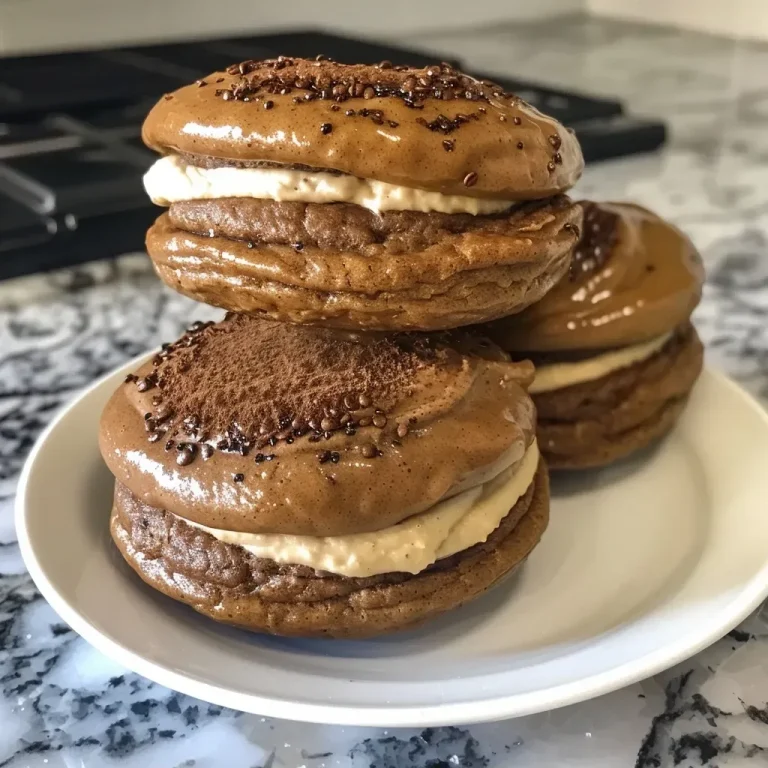 ['Close-up of Pumpkin Spice Latte Whoopie Pies with creamy filling.', 'Side view of two stacked Pumpkin Spice Latte Whoopie Pies on a plate.', 'Pumpkin Spice Latte Whoopie Pies showcasing a rich filling and soft cookies.', 'Juicy Pumpkin Spice Latte Whoopie Pies with a sprinkle of spices on top.']