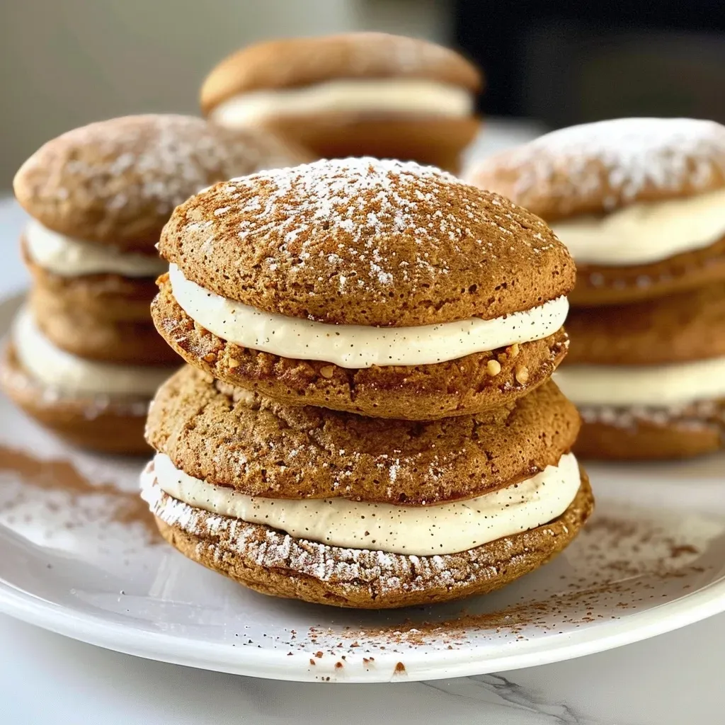 ['Close-up of Pumpkin Spice Latte Whoopie Pies with creamy filling.', 'Side view of two stacked Pumpkin Spice Latte Whoopie Pies on a plate.', 'Pumpkin Spice Latte Whoopie Pies showcasing a rich filling and soft cookies.', 'Juicy Pumpkin Spice Latte Whoopie Pies with a sprinkle of spices on top.']