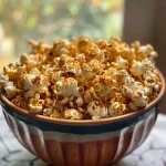 ['Close-up view of pumpkin spice popcorn with a golden-brown hue.', 'Side view of air-popped popcorn coated in pumpkin spice seasoning.', 'Textured popcorn pieces sprinkled with spices, in a casual setting.', 'Overhead shot of a bowl filled with pumpkin spice popcorn snack.']